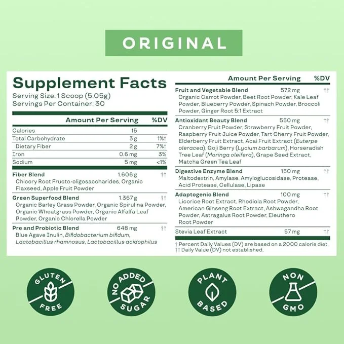 Tabla del producto en el costado del tarro de Bloom Greens & Superfoods.