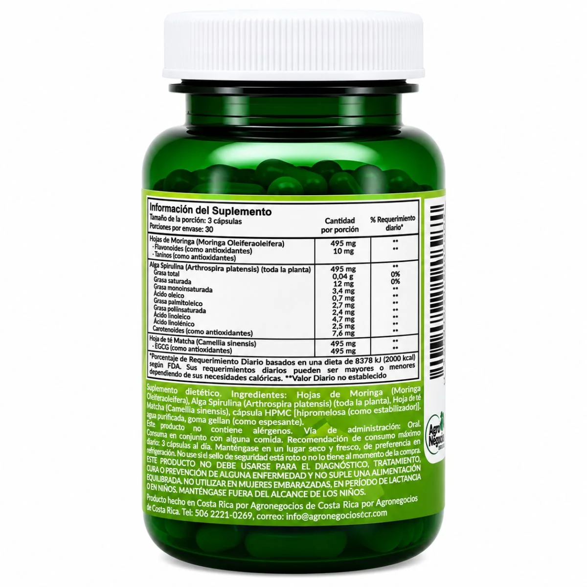 Tabla de información del suplemento de Triple Clorofila: porción de 3 cápsulas, 495 mg de moringa, espirulina y té matcha.