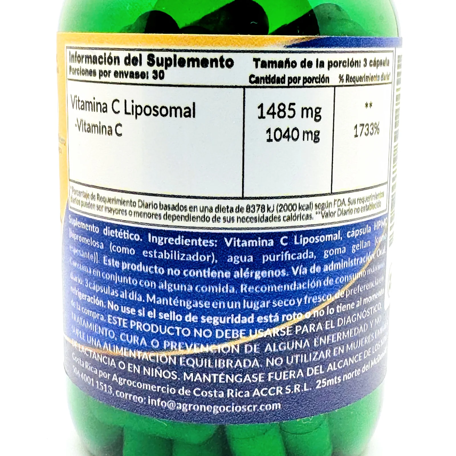 Tabla de información del suplemento de Natura506 Vitamina C liposomal: porción de 3 cápsulas, 1040 mg de vitamina C.