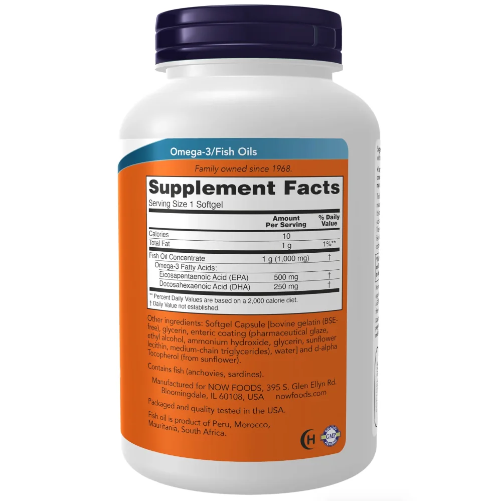 Reverso del frasco de NOW Ultra Omega-3 con la tabla del suplemento y el modo de uso.