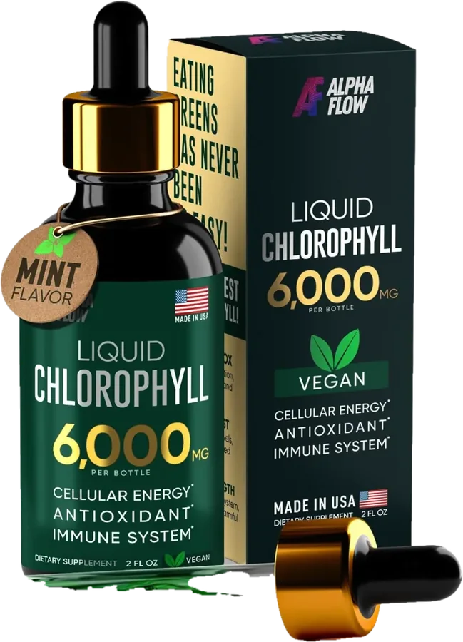 Frasco de Alpha Flow Liquid Chlorophyll sabor menta de 59 ml con gotero.