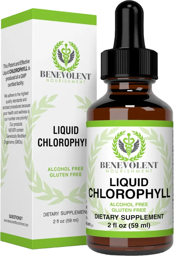 Frasco de Benevolent Nourishment Liquid Chlorophyll de 59 ml con gotero y etiqueta verde.
