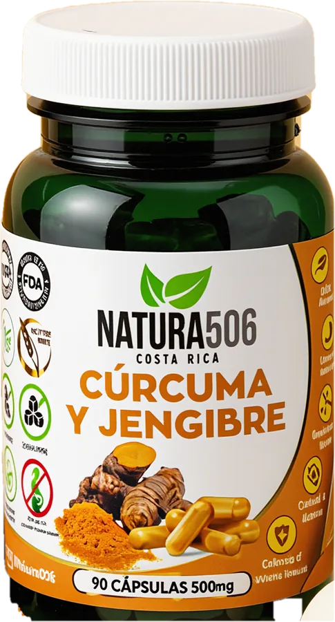 Frasco verde de Natura506 Cúrcuma y jengibre, 90 cápsulas de 500 mg, con raíces de cúrcuma y cápsulas doradas en la etiqueta.