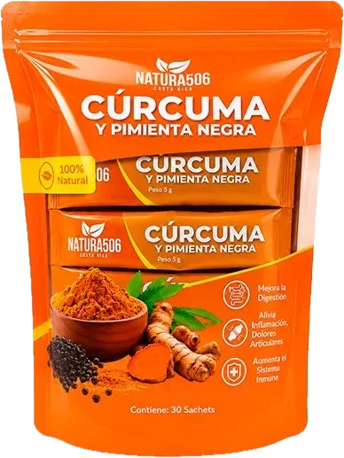 Bolsa naranja de Natura506 Cúrcuma y pimienta negra con tres sachets de 5 g al frente.
