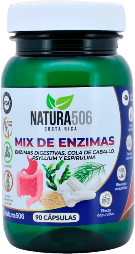 Frasco de Natura506 Mix de Enzimas con 90 cápsulas, etiqueta con enzimas, cola de caballo, psyllium y espirulina.