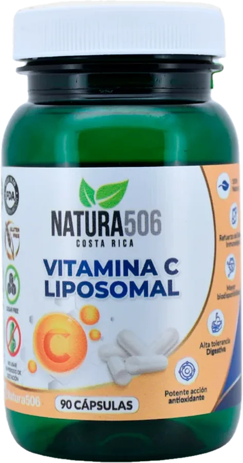 Frasco de Natura506 Vitamina C liposomal con 90 cápsulas y etiqueta naranja.