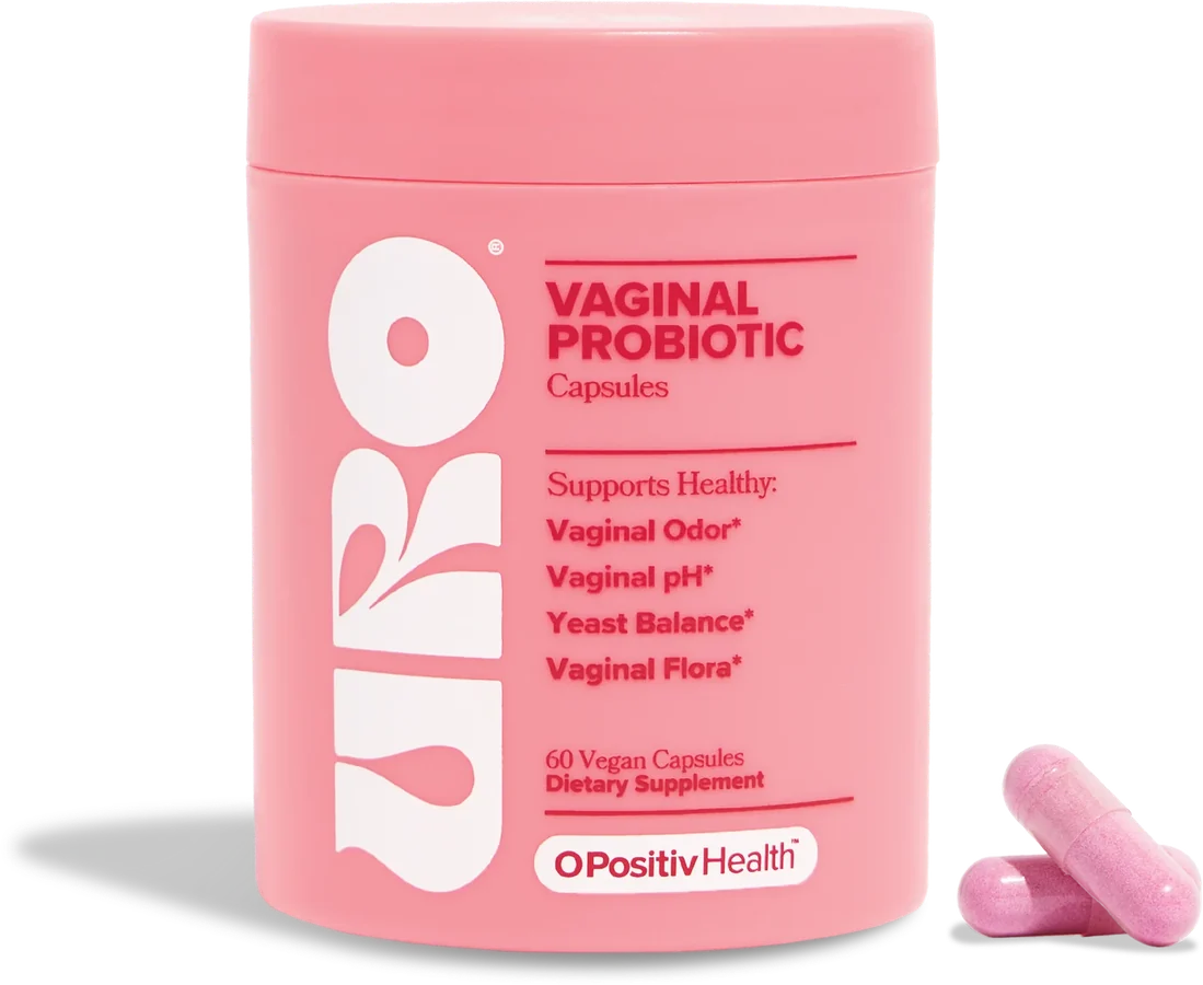 Tarro rosado de O Positiv URO, probiótico en cápsulas veganas, 60 unidades.